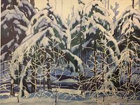 Close-up image of the print displaying the winter scene of snow-covered trees with visible texture and detail.