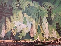 Close-up of print showing detailed forest landscape and paint texture.