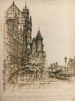 Front view of the watercolor painting showing detailed sepia cityscape in frame behind glass