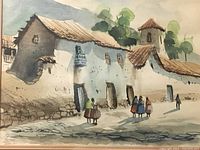 Close-up of the watercolor painting showing the rustic building, people, signature, and details of the scene