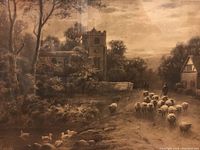 Close-up of etching showing sheep, ducks, church, and houses in a pastoral landscape.