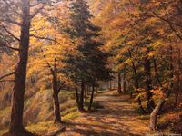 Close-up photo of the oil painting showing a tree-lined autumn pathway with detailed fall foliage and shadows on the ground.