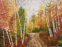 Close-up of the autumn forest oil painting showing detailed birch trees and path with fall foliage colors.