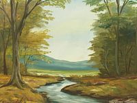 Close-up view of the oil painting showing the landscape scene with trees, stream, and mountains, signed by Francischetti 80 in the bottom left corner.