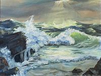 Close-up photo showing the detailed water splashing against rocks in the seascape painting.