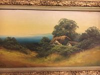 Close-up of the oil painting showing the landscape with cottage, trees, and sky.