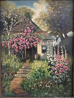 Close-up of the oil painting depicting a garden path and blooming flowers leading to a house, signed C. MacDowell.