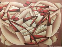 Close up of the painting focusing on the abstract intertwined figures and brush detail.