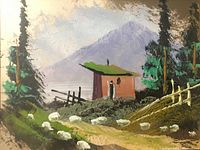 Close-up of the oil painting showing the scene, colors and texture of the golden leaf