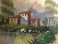 Close-up of the oil painting showing houses, trees and pond reflecting the scene, done on golden leaf.