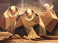 Close-up photo of the painting showing the three abstract figures wearing hats with earth-tone color palette and cubist style.
