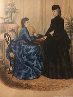Close-up of the vintage print showing two women in 1870s dress, seated and standing in a parlor setting with floral and furniture details.