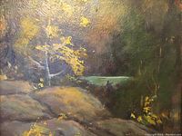 Close-up of the oil painting showing textured brush strokes and color palette of yellow, green, and brown tones.