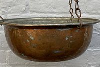 Close-up side view of the copper planter showing patina and tarnish