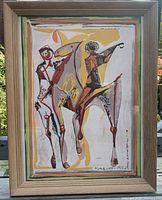 Overall view of framed print showing two stylized circus performers and a horse