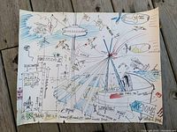 Full view of original vintage cartoon drawing with various whimsical illustrations and text