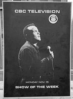 Full view of vintage black and white poster featuring Harry Belafonte, CBC Television 6 logo, and show date information.