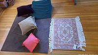 Three area rugs and six cushions arranged on a hardwood floor, showing the pink floral fringe rug and the cushions in various colors.