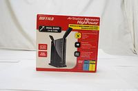 Box front with image of Buffalo AirStation Nfiniti High Power Dual Band Router showing dual band capability and high power features.