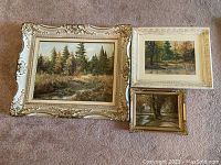 Three framed landscape paintings laid out on carpet