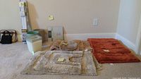 Lot showing bathroom mats, digital scale, garbage cans, and cord cover in a room with beige carpet and white walls.