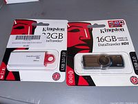 Two Kingston DataTraveler USB flash drives in sealed blister packs: 2GB and 16GB