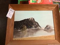 Full view of the framed seascape painting showing rocky cliffs, beach, and water.