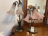 Two vintage-style tulip lamps displayed on a wooden surface with a mirror behind. Each lamp has iron leaf bases and pink frosted glass tulip-shaped shades.