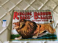 Front view of vintage Ringling Bros and Barnum & Bailey Combined Shows poster placed on a light floral patterned mattress.