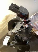 Front-left angled view showing body, stage, focus knobs and objective turret