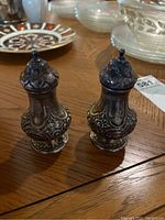 Pair of shakers on table surface showing full bodies and tops