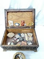 Open treasure chest showing assorted rocks and minerals inside, some labeled.