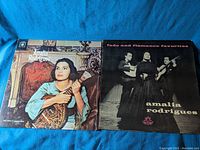 Two vinyl records featuring Amalia Rodrigues, one titled 'Fado The Soul of Portugal' and one titled 'Fado and Flamenco Favorites'