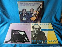 Three blues LP vinyl records laid out on a blue cloth, showing front cover artwork: 'Hometown Blues' by Sonny Terry & Brownie McGhee at top, 'Hard Luck Blues' by Roy Brown at bottom left, and 'Up And Jumpin'' by Mark Hummel at bottom right.