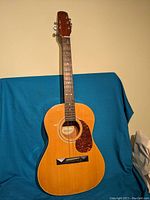 Full front view of the vintage Hondo acoustic guitar showing the natural wood body, neck, and headstock with visible signs of wear.