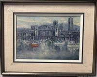 Framed oil painting showing bridge and boats on water, signed 'E Bryson 75' in bottom left corner.