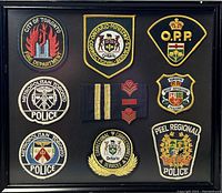 Front view of the framed collection, showing nine different embroidered patches and insignia mounted on black backing, inside a black wooden frame.