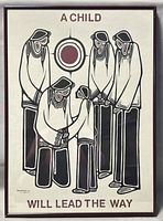 Full view of the framed silkscreen print showing the artwork titled 'A Child Will Lead The Way' with five stylized figures in black and maroon.