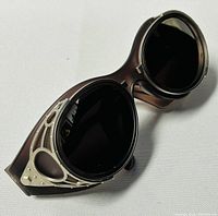 Front three-quarter view of brown gradient plastic frame sunglasses with decorative metal accents and brown tinted lenses