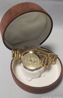 Photo of the gold plated Michael Kors men's watch in a brown and cream watch box.
