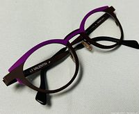 Close-up angle of the two-tone round prescription glasses frame in purple and brown showing details and bridge.