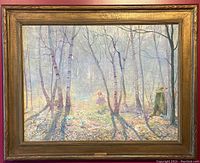 Full frontal view of framed oil painting showing birch forest scene with child figure.