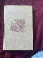 Front cover of the book showing textured beige material with brown illustration of village scene.