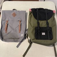 Front view of two backpacks on table: gray Herschel Retreat with stains and green/black Herschel Little America with red accents.
