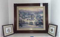 Main photo showing the large Thomas Kinkade framed print with two smaller framed bird prints on either side.