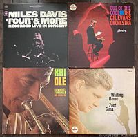 Four jazz album covers: Miles Davis, Gil Evans Orchestra, Kai Winding, Zoot Sims.