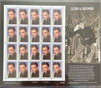 Sheet of U.S. James Cagney stamps with portraits and accompanying text detailing his career