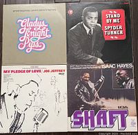Four LP record covers including Gladys Knight & The Pips, Spyder Turner, Joe Jeffrey, and Isaac Hayes 'Shaft' soundtrack albums.