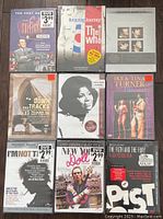 First image showing 9 music-themed DVDs including The Ed Sullivan Show, The Who, Beatles Anthology, Led Zeppelin, Mahalia Jackson, Ike & Tina Turner, Bob Dylan film, New York Dolls, and Sex Pistols.