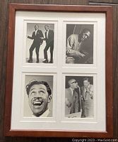 Wooden frame with four black and white jazz musician postcards arranged inside, featuring musicians in various poses and performances.